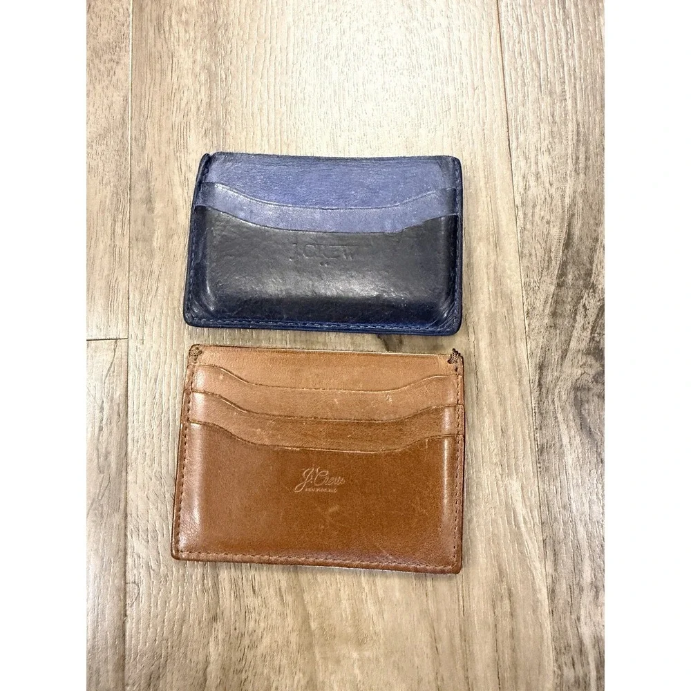Lot Of 2 J.CREW Men's Tan Brown Leather Cardholder Blue